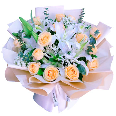 海口16朵香槟玫瑰2支百合，爱的温暖和幸福