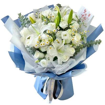 海口11朵白玫瑰桔梗百合,爱永恒不息