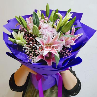 海口6支粉色多头百合，真诚的问候